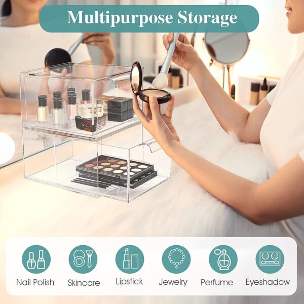 2 Pack Clear Acrylic Stackable Makeup Organizer With Drawers - Image 6