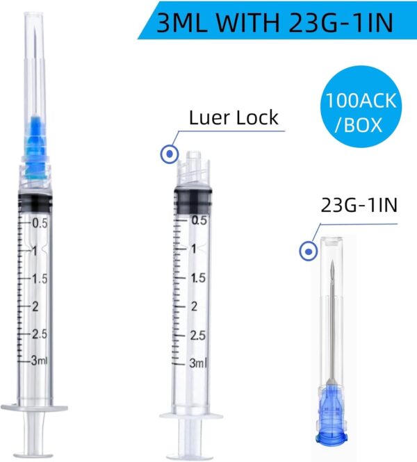100‑Pack Disposable 3 mL/cc Lab Syringes with 23 Ga 1″ Needle Luer Lock - Image 2