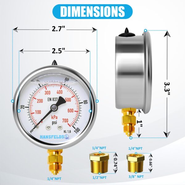 0 to 100 psi Liquid Filled Pressure Gauge, 2.5 in Dial, 1/4 in NPT Lower Mount - Image 3