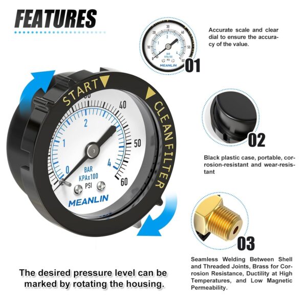 MEANLIN MEASURE 0 to 60 PSI Pool Filter Gauge, 1/4 inch NPT Center Back Mount - Image 3