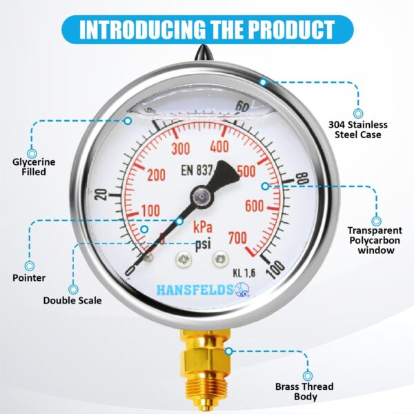 0 to 100 psi Liquid Filled Pressure Gauge, 2.5 in Dial, 1/4 in NPT Lower Mount - Image 2