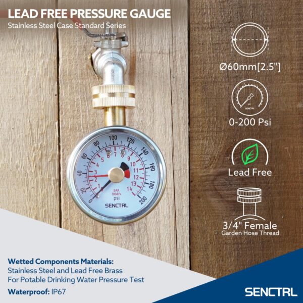 0-200 PSI Water Pressure Gauge with Lazy Hand for Home Water, 2.5 in Dial, 3/4 GHT - Image 2