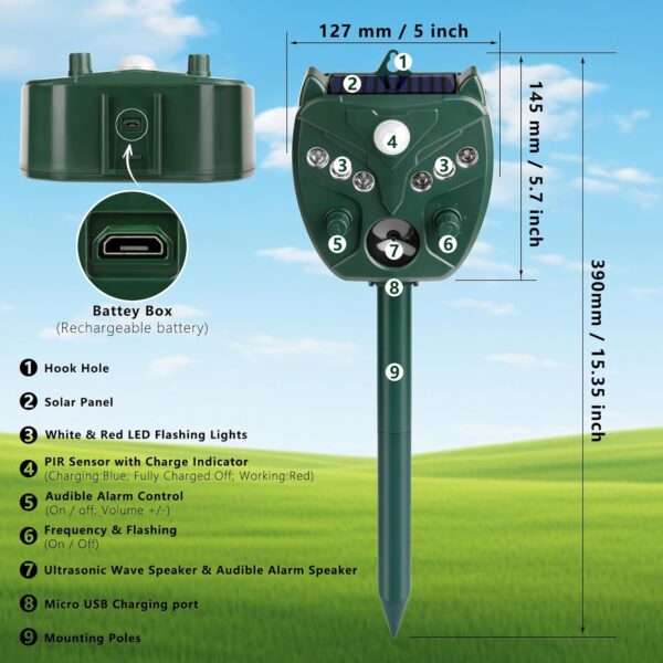 Solar Ultrasonic Animal Repellent 2-Pack, Motion Sensor Cat and Deer Deterrent - Image 2