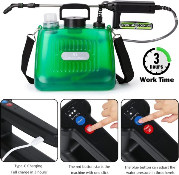 2 Gallon Battery Powered Garden Sprayer, with 32 inch Telescopic Wand and 4 Nozzles - Image 2