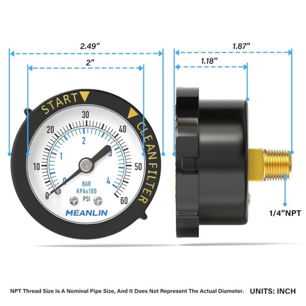 MEANLIN MEASURE 0 to 60 PSI Pool Filter Gauge, 1/4 inch NPT Center Back Mount - Image 2