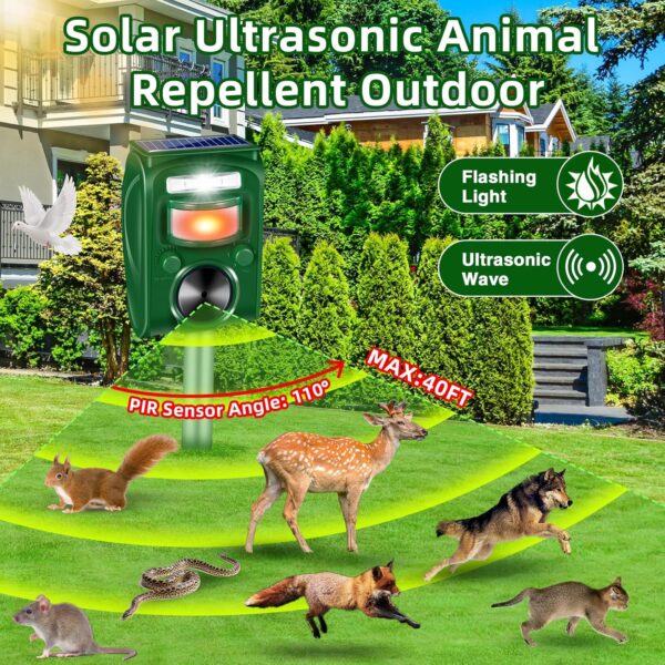 2-Pack 2025 Solar Ultrasonic Animal Repellent with Motion Detection and Deterrent Light for Yard - Image 2