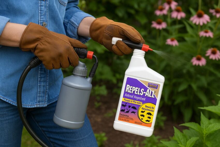 Applying Bonide Repels‑All Animal Repellent
