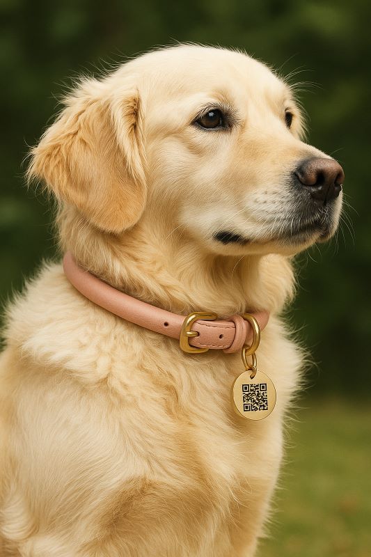 Rolled Leather Dog Collar with QR ID Tag in Blush