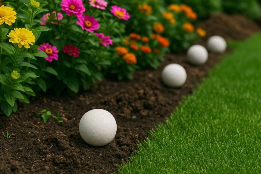White Repellent Balls in Blooming Garden