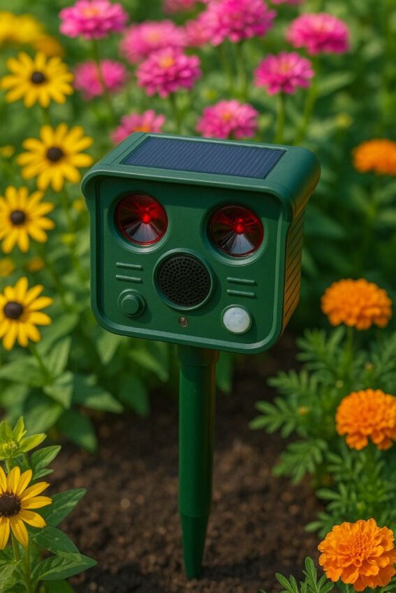 solar ultrasonic animal repellent in a garden