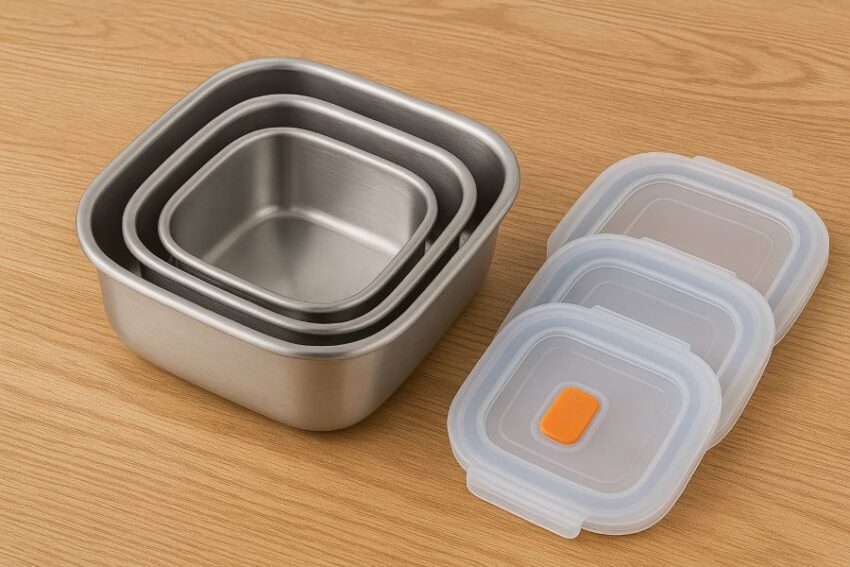 Three stainless steel containers nested inside each other on table, with lids beside, illustrating space‑saving storage