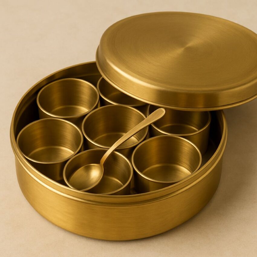 Open brass masala dabba with seven empty golden-toned containers arranged in a circle, a matching brass spoon resting inside one pot, and the lid slightly tilted on a beige surface