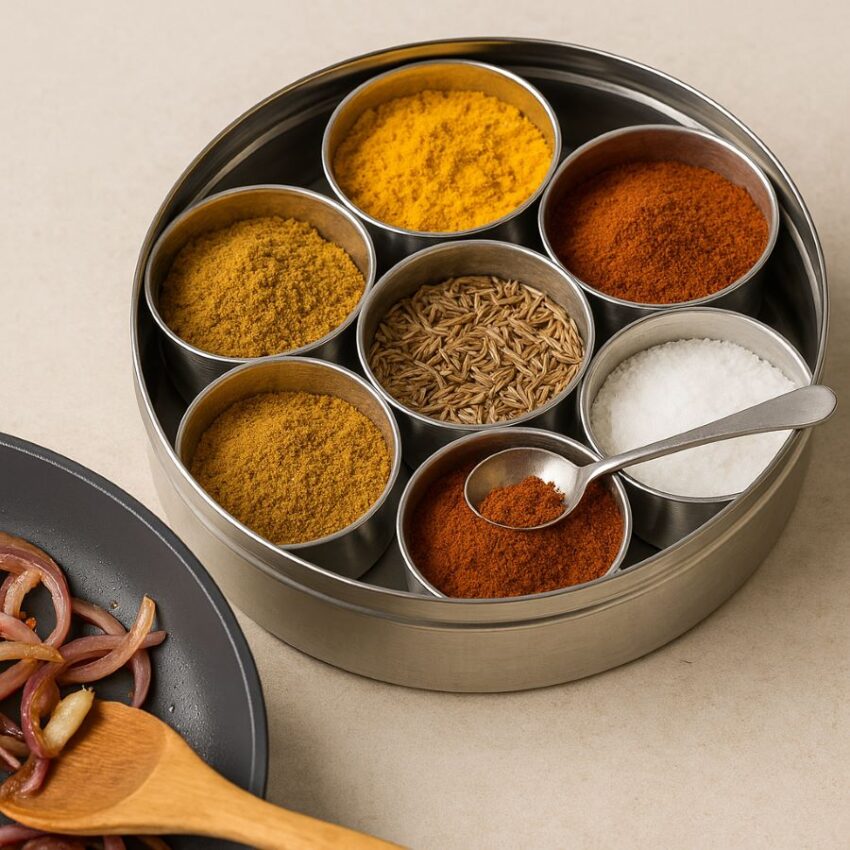 a stainless steel masala dabba filled with seven colorful spices, with a mini spoon resting in a bowl of red chili powder, beside a pan of sautéing onions for a warm, in-use kitchen scene.