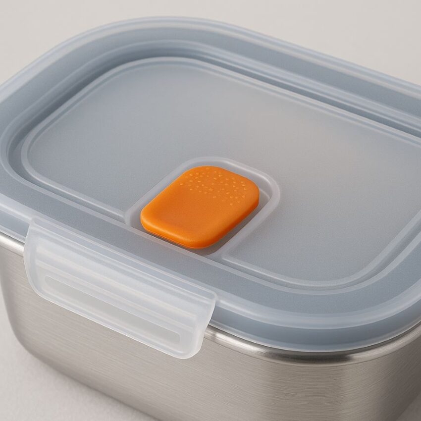 Detailed view of snap‑shut lid with silicone seal and orange release tab on 60 oz stainless steel container