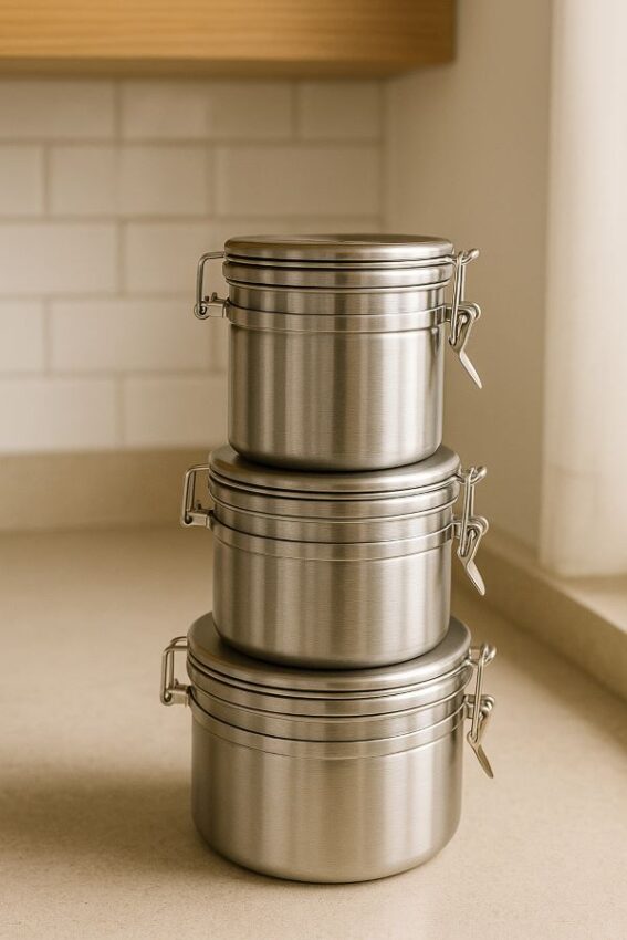 A stack of three stainless steel canisters arranged on a kitchen counter under soft natural light