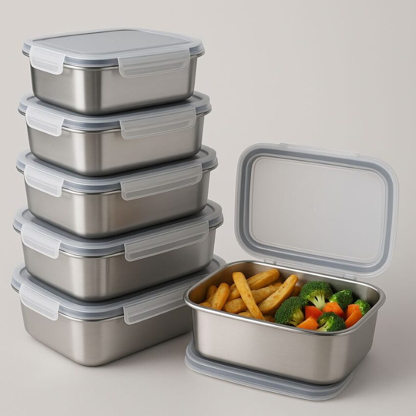 Eight stainless steel 60 oz food containers stacked, one open with food inside, showing shiny metal finish and sealing lid