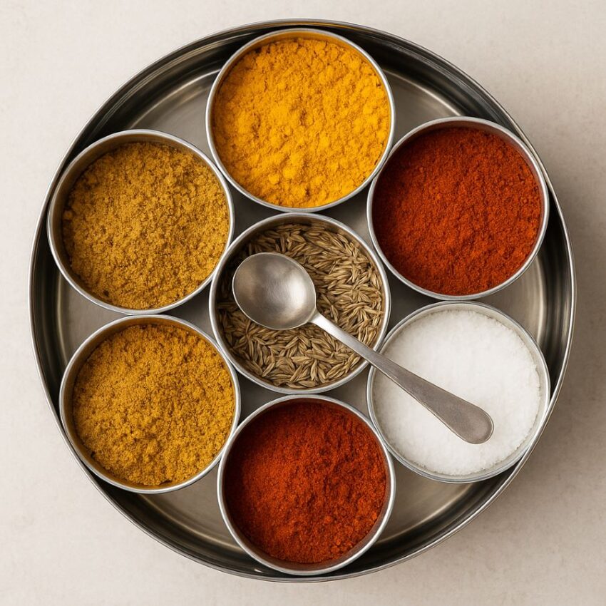 a stainless steel masala dabba with seven small containers holding colorful spices, turmeric, chili powder, cumin, curry powder, coriander, salt, and paprika, with a small spoon resting on one container.