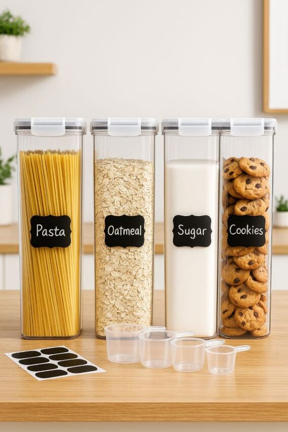 Airtight Tall Food Storage Containers with Labels and Cups