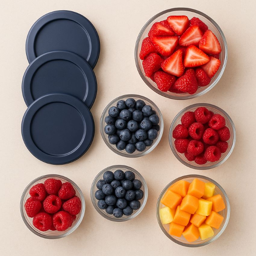 Top‑down layout of the six containers with navy lids off, displaying berries and fruit in glass bowls alongside the stacked navy lids.