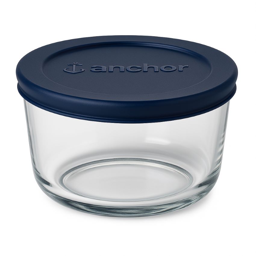 single Anchor Hocking glass container with navy blue SnugFit lid and embossed logo