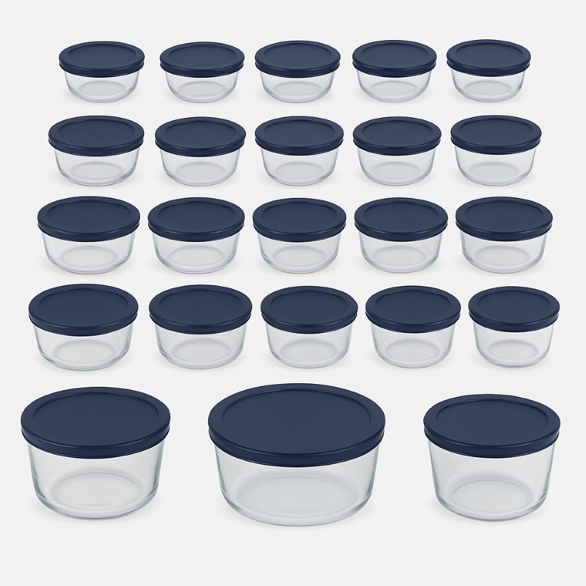 Anchor Hocking 26‑piece glass storage containers with navy‑blue SnugFit lids arranged by size on white background