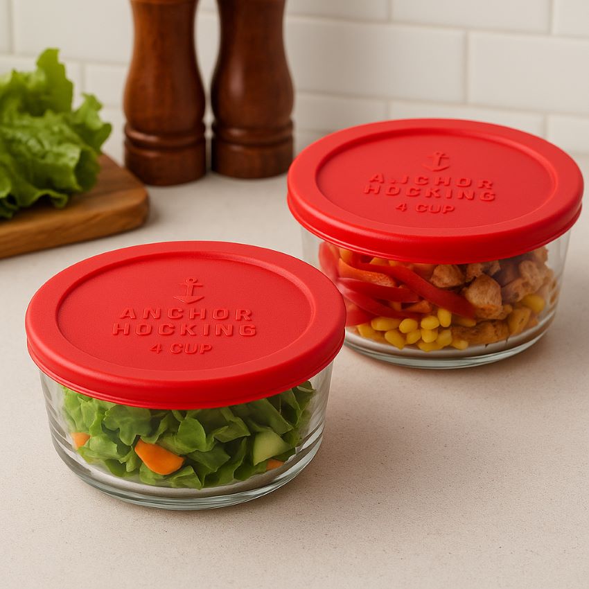 Red Anchor Hocking lids snapped onto 4‑cup glass bowls filled with salad and leftovers, arranged on countertop to illustrate real-life use