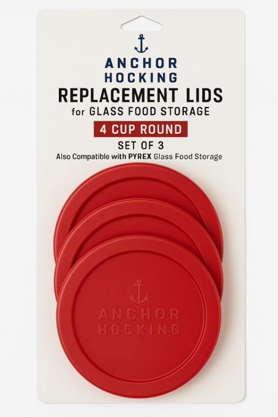 Anchor Hocking 3‑piece set of red replacement lids for 4‑cup round glass storage containers, still in packaging, showing branding and compatibility