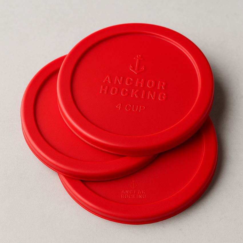 Bright red round replacement lids for Anchor Hocking 4‑cup containers, stacked flat to show smooth glossy surface and logo