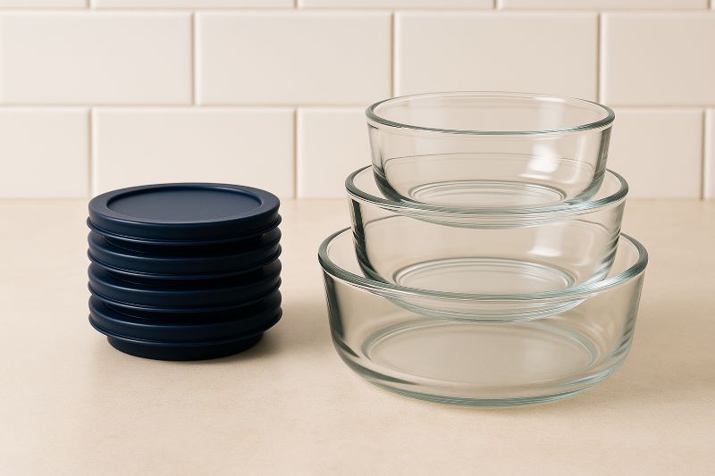 Glass storage containers nested and lids stacked flat to save cabinet space