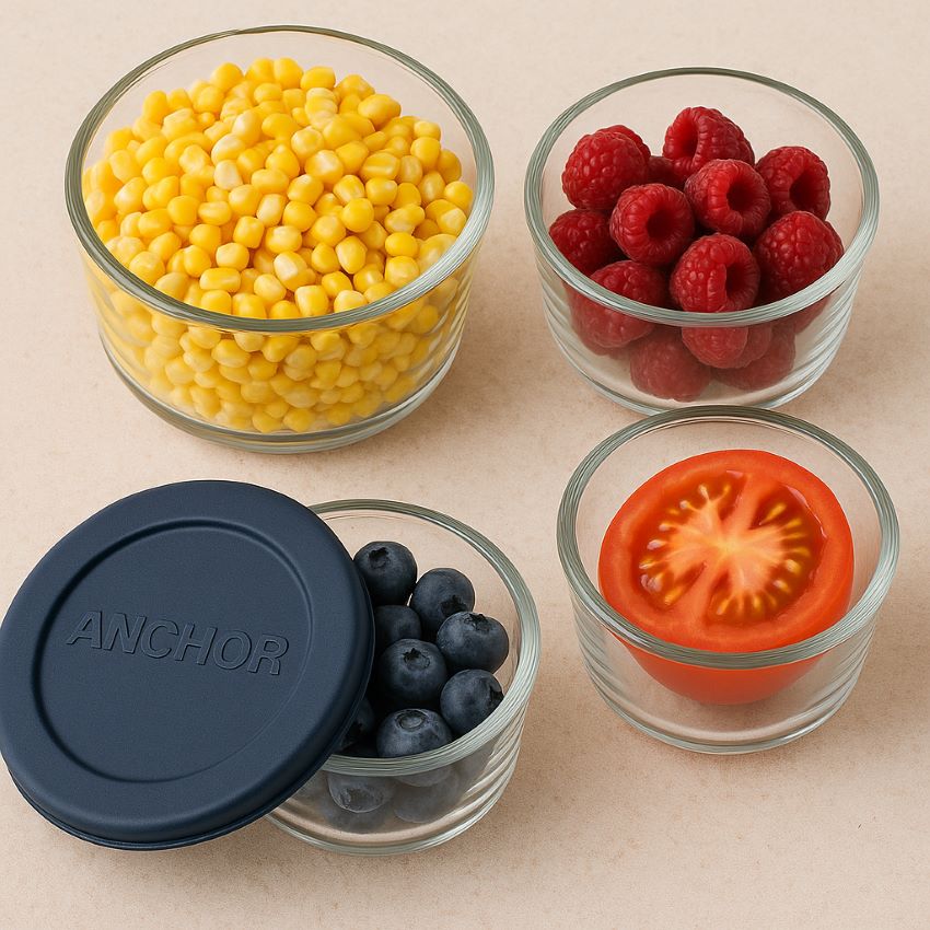Anchor Hocking glass containers filled with fresh produce (corn, berries, tomato) in 1‑cup and 4‑cup bowls with navy lids on and off.