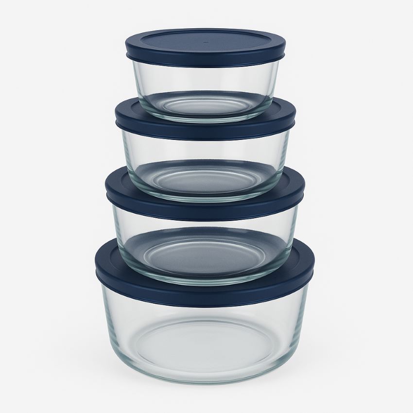 Round tempered glass bowls stacked securely with navy‑blue lids to illustrate space‑saving nest and stack storage