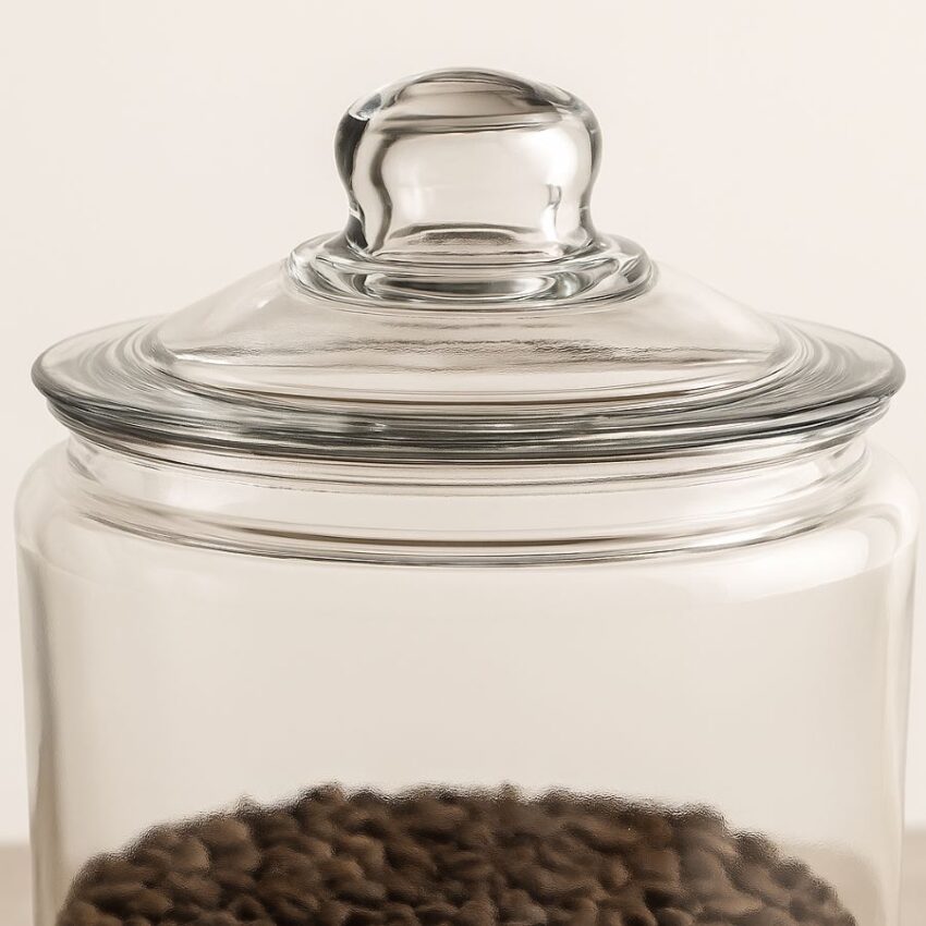 Close-up view of thick glass body and generous bulb‑knob lid of Anchor Hocking Heritage Hill ½‑gallon storage jar