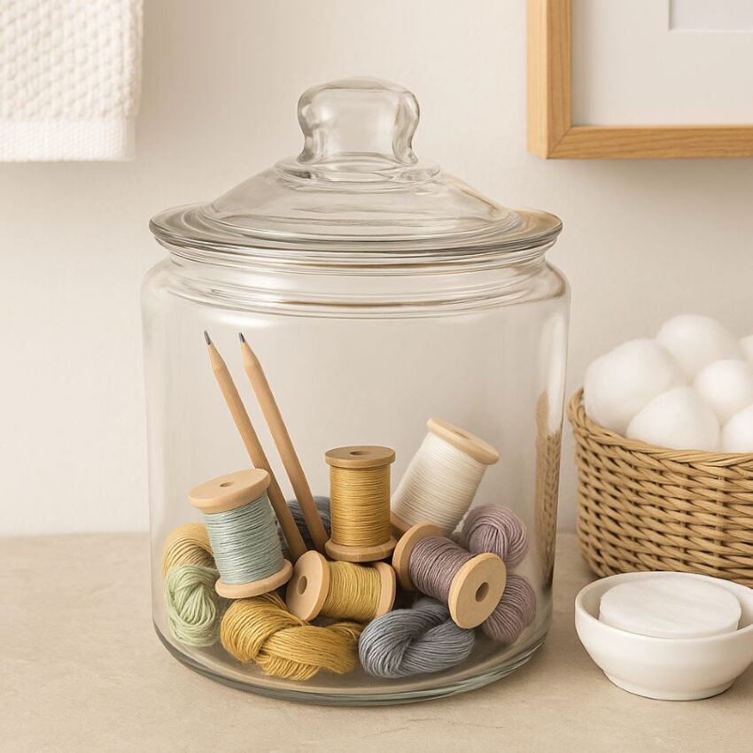 Anchor Hocking Heritage Hill glass jar styled with craft supplies or bathroom cotton balls as decorative storage