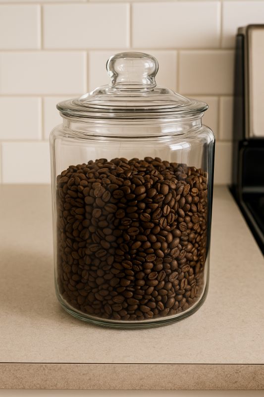 Anchor Hocking Heritage Hill ½‑gallon glass jar filled with coffee beans on a kitchen counter showcasing its clear vintage design