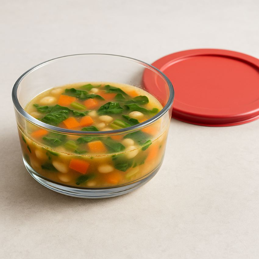 Prepared soup in Anchor Hocking bowl, red lid set aside; ready to store or reheat.