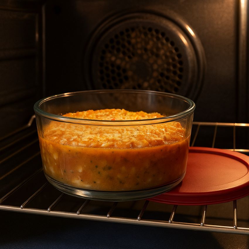 Anchor Hocking glass bowl in oven (without lid) heating up a casserole