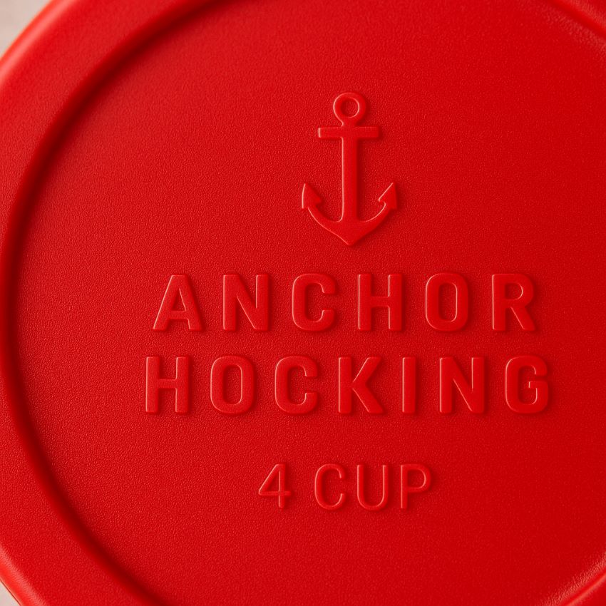 Anchor Hocking logo embossed in center of red plastic snap-on lid for 4‑cup storage bowl