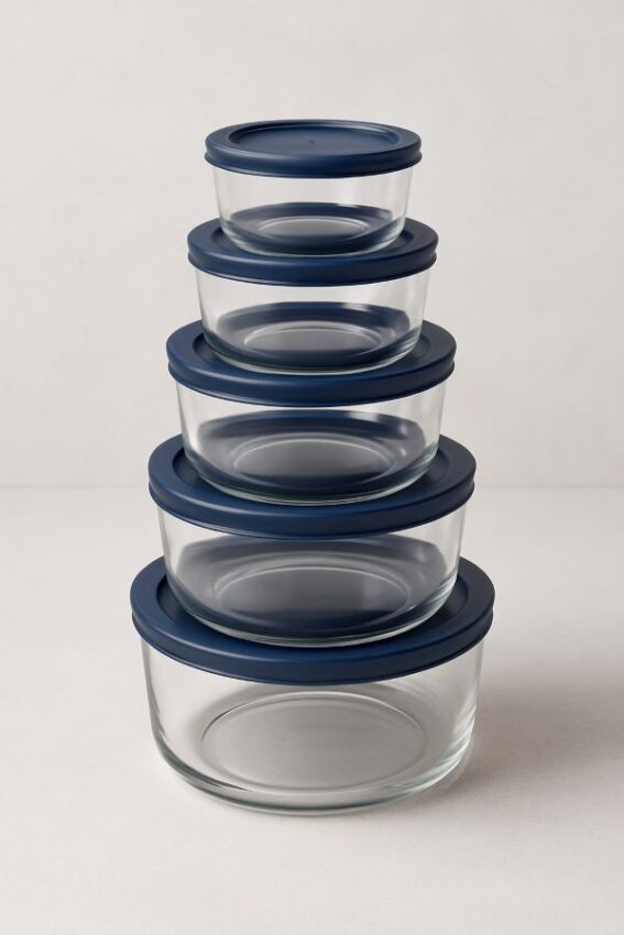 Anchor Hocking 18‑piece glass food storage containers stacked neatly with navy SnugFit lids