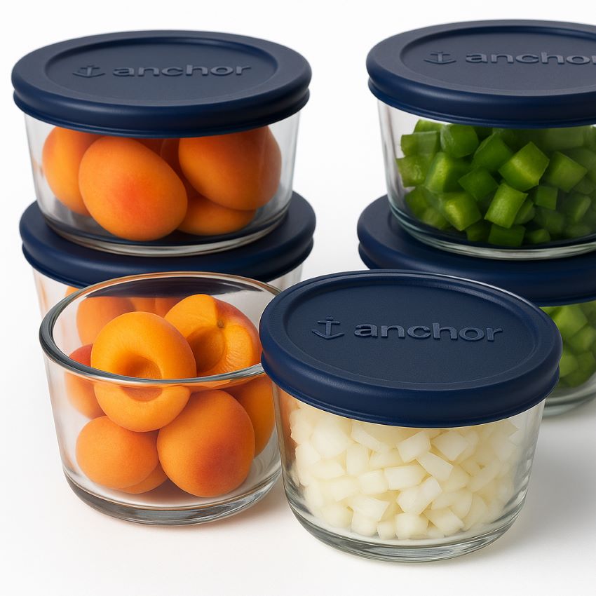 Glass food storage containers filled with apricots and chopped onions showing clear visibility