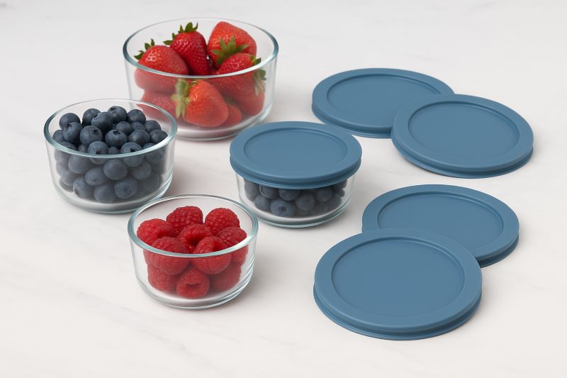 Mineral Blue Anchor Hocking TrueSeal glass containers on countertop with berries, lids nearby