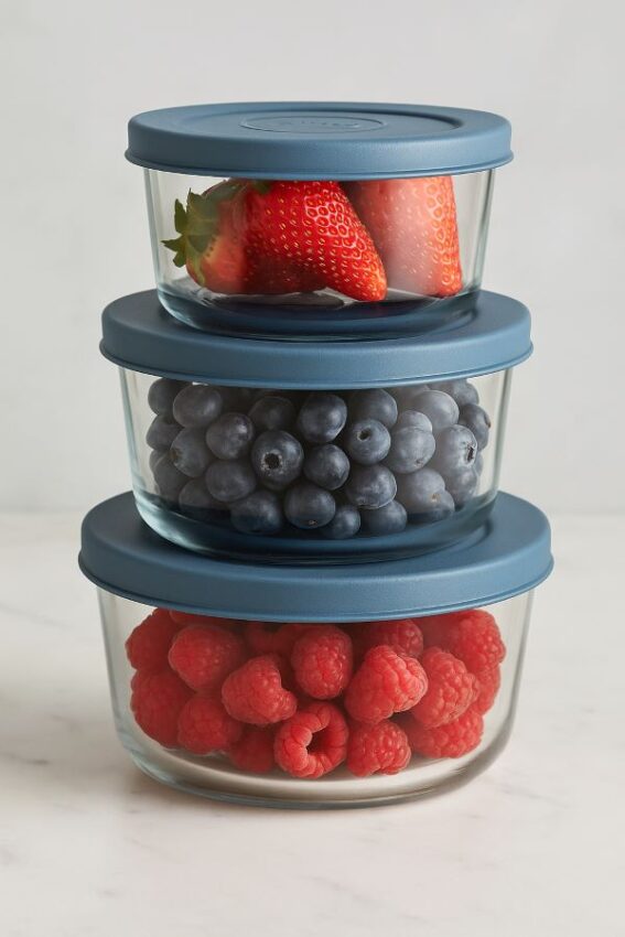 Stacked Mineral Blue TrueSeal containers holding strawberries, blueberries and raspberries