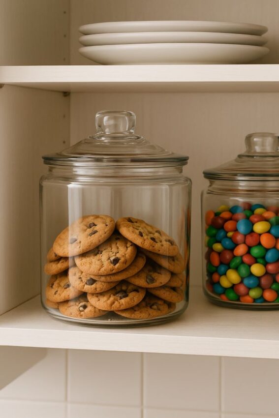 Clear Heritage Hill glass jar with lid displaying cookies and colorful candies, sitting stylishly on open pantry shelves.