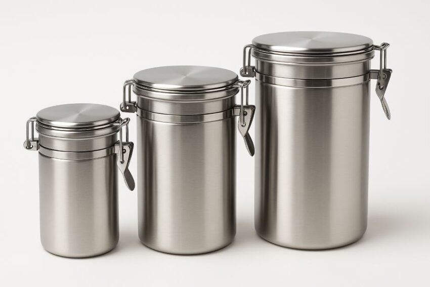 Three stainless steel canisters (small, medium, large) with clamp‑style locking lids, reflecting light on a white background