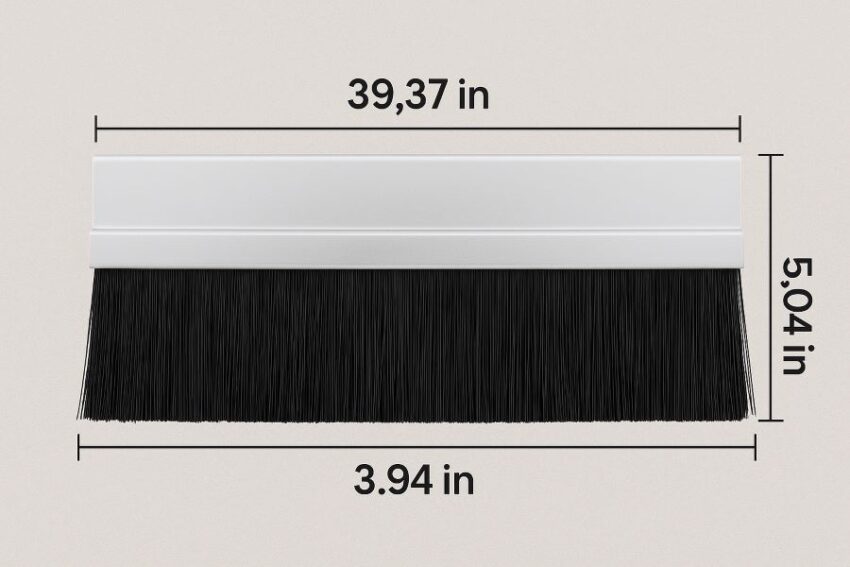 Dimension diagram of exterior door bottom sweep: 39.37 in width, 5.04 in height, 3.94 in brush insert
