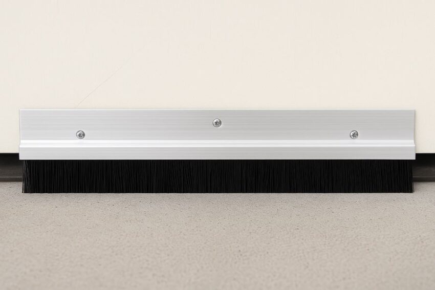 39.37 inch silver aluminum door sweep with dense black nylon brush seal installed under exterior door