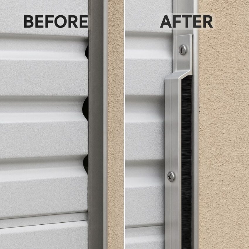 Split image showing roll‑up door edge before seal installation (gaps visible), and after with brush seal fitted neatly blocking the gap