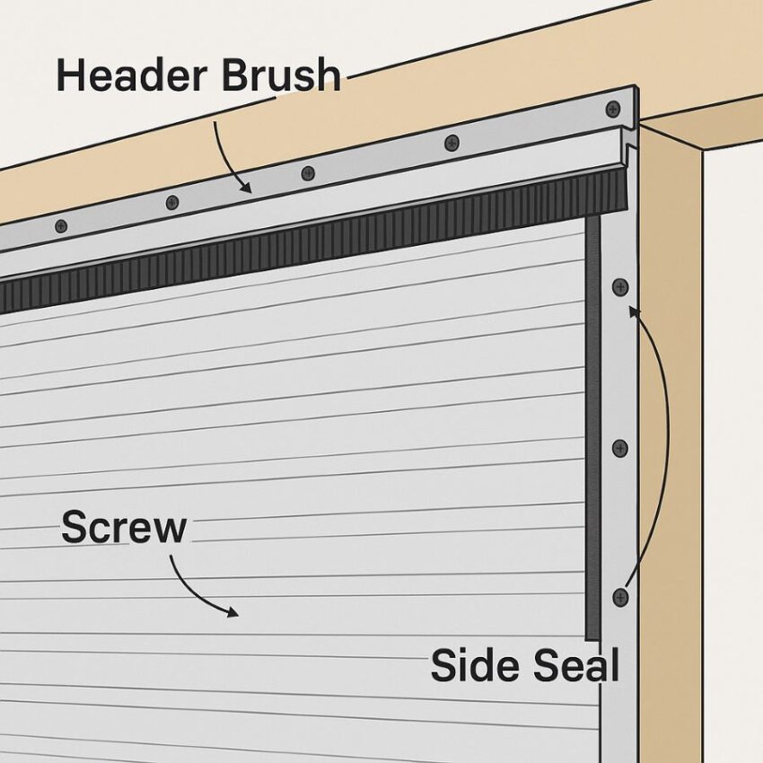 Diagram showing brush seal location labels—‘Header Brush’, ‘Side Seal’, screw placements—mounted as part of installation guide