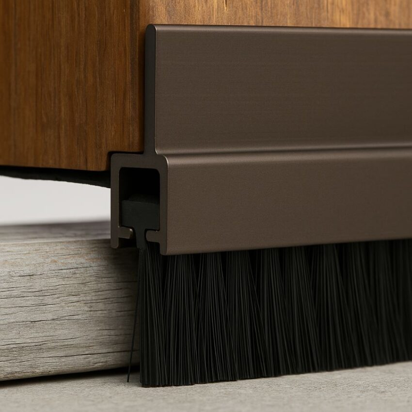 Side angle of door bottom sweep gently pressing brush against threshold to form seal
