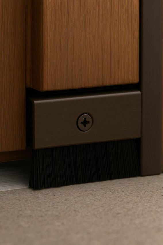 Installed Hager 801S sweep on an outswing exterior door bottom, showing brush flush with threshold.