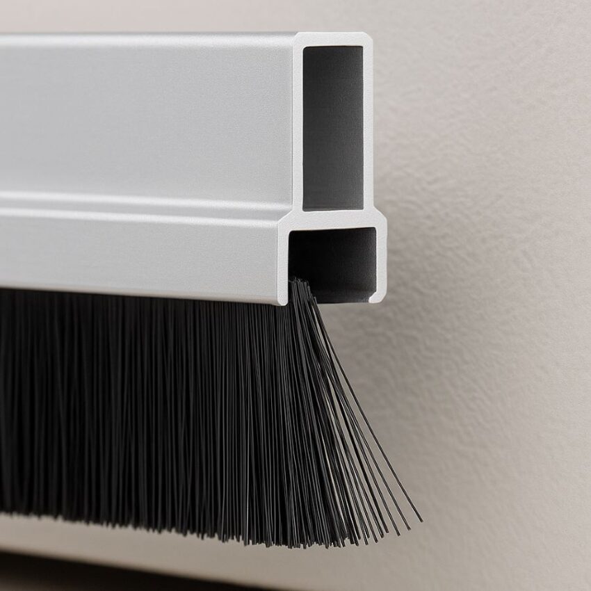 H‑shape aluminum alloy door sweep in cross‑section showing 3.94 in nylon brush insert
